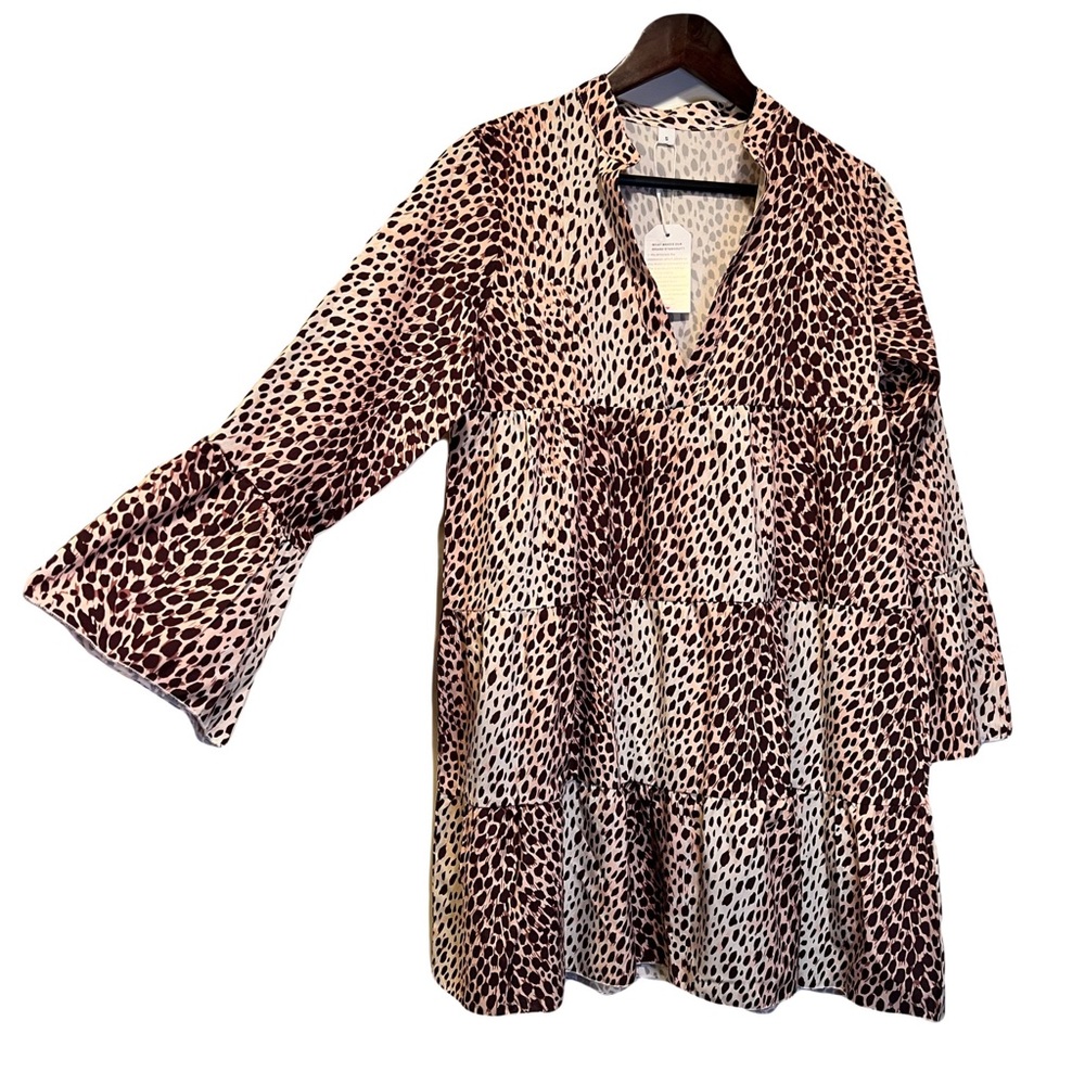 Leopard Print Tiered Mini Dress Womens Small Ruffle Swing Boho Long Sleeve NWT - Picture 2 of 5